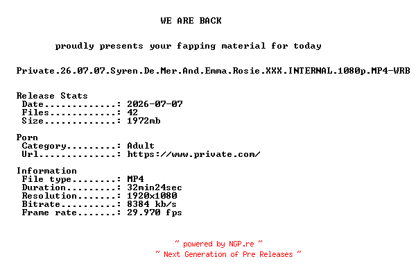 NFO for the release Private.26.07.07.Syren.De.Mer.And.Emma.Rosie.XXX.INTERNAL.1080p.MP4-WRB by WRB