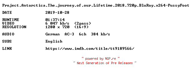 NFO for the release Project.Antarctica.The.journey.of.our.lifetime.2018.720p.BluRay.x264-PussyFoot by PussyFoot