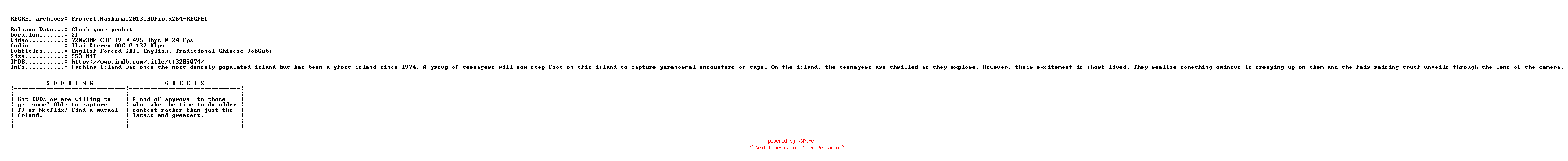 NFO for the release Project.Hashima.2013.BDRip.x264-REGRET by REGRET