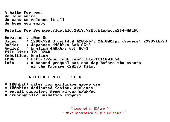 NFO for the release Promare.Side.Lio.2019.720p.BluRay.x264-HAiKU by HAiKU