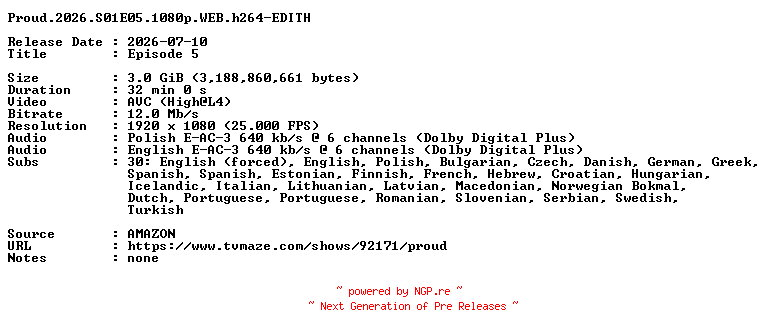 NFO for the release Proud.2026.S01E05.1080p.WEB.h264-EDITH by EDITH