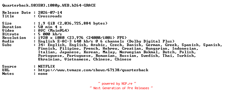 NFO for the release Quarterback.S03E03.1080p.WEB.h264-GRACE by GRACE