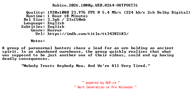 NFO for the release Rabisu.2026.1080p.WEB.H264-OUTPOST31 by OUTPOST31