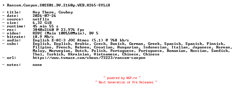 NFO for the release Ransom.Canyon.S02E01.DV.2160p.WEB.H265-SYLiX by SYLiX