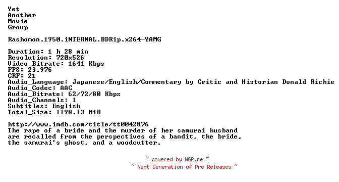 NFO for the release Rashomon.1950.iNTERNAL.BDRip.x264-YAMG by YAMG