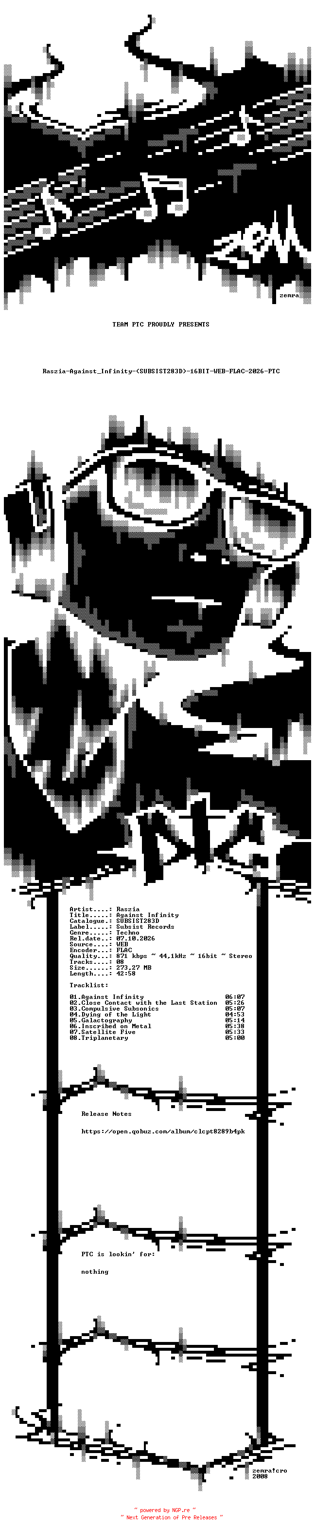 NFO for the release Raszia-Against_Infinity-(SUBSIST283D)-16BIT-WEB-FLAC-2026-PTC by PTC