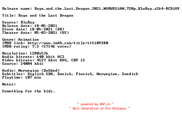 NFO for the release Raya.and.the.Last.Dragon.2021.NORWEGiAN.720p.BluRay.x264-RCDiVX by RCDiVX