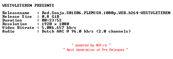 NFO for the release Red.Sonja.S01E06.FLEMISH.1080p.WEB.h264-WESTVLETEREN by WESTVLETEREN