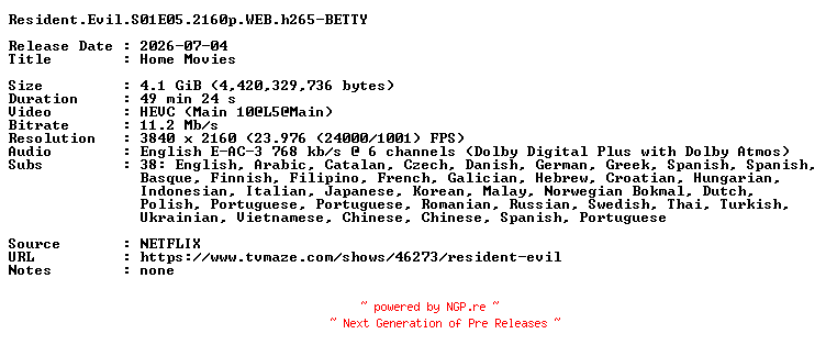 NFO for the release Resident.Evil.S01E05.2160p.WEB.h265-BETTY by BETTY