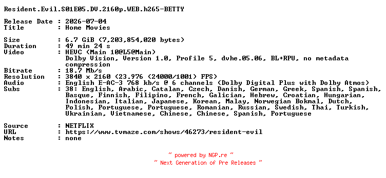 NFO for the release Resident.Evil.S01E05.DV.2160p.WEB.h265-BETTY by BETTY
