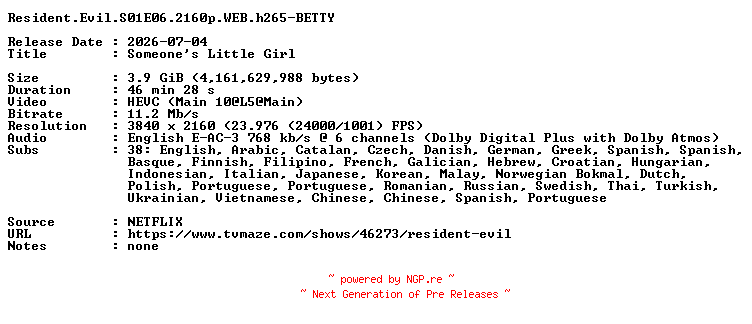 NFO for the release Resident.Evil.S01E06.2160p.WEB.h265-BETTY by BETTY