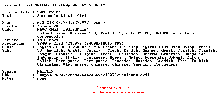 NFO for the release Resident.Evil.S01E06.DV.2160p.WEB.h265-BETTY by BETTY