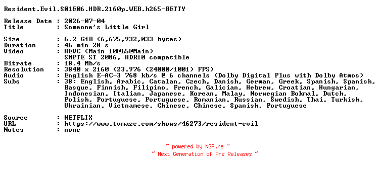 NFO for the release Resident.Evil.S01E06.HDR.2160p.WEB.h265-BETTY by BETTY