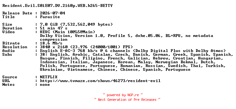NFO for the release Resident.Evil.S01E07.DV.2160p.WEB.h265-BETTY by BETTY