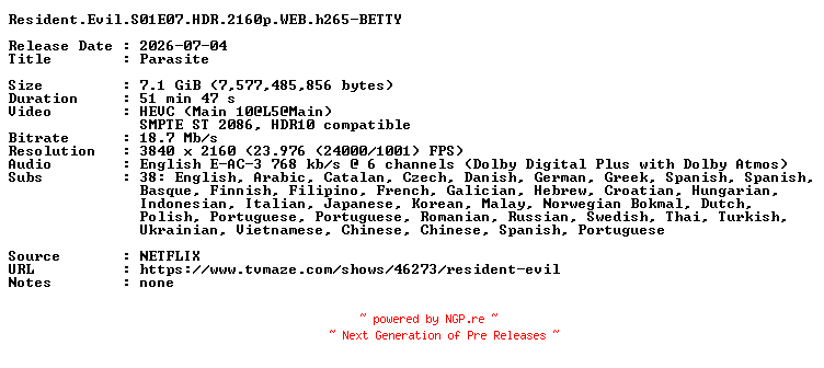 NFO for the release Resident.Evil.S01E07.HDR.2160p.WEB.h265-BETTY by BETTY