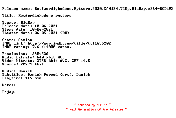 NFO for the release Retfaerdighedens.Ryttere.2020.DANiSH.720p.BluRay.x264-RCDiVX by RCDiVX