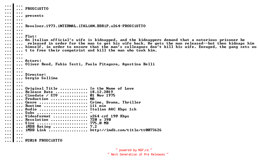 NFO for the release Revolver.1973.iNTERNAL.iTALiAN.BDRiP.x264-PROSCiUTTO by PROSCiUTTO