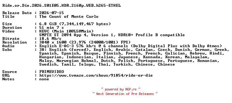 NFO for the release Ride.or.Die.2026.S01E05.HDR.2160p.WEB.h265-ETHEL by ETHEL