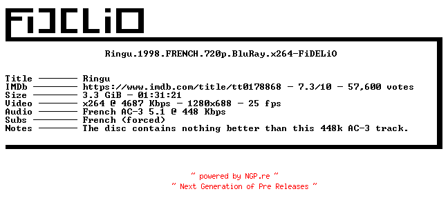 NFO for the release Ringu.1998.FRENCH.720p.BluRay.x264-FiDELiO by FiDELiO