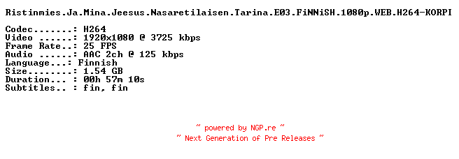 NFO for the release Ristinmies.Ja.Mina.Jeesus.Nasaretilaisen.Tarina.E03.FiNNiSH.1080p.WEB.H264-KORPI by KORPI