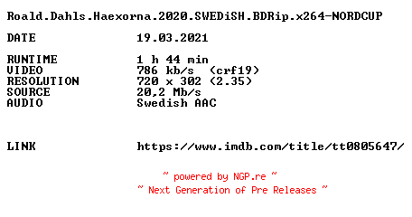 NFO for the release Roald.Dahls.Haexorna.2020.SWEDiSH.BDRip.x264-NORDCUP by NORDCUP