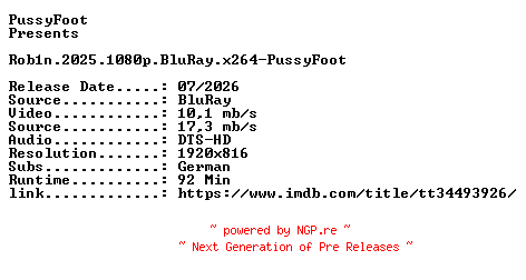 NFO for the release Rob1n.2025.1080p.BluRay.x264-PussyFoot by PussyFoot