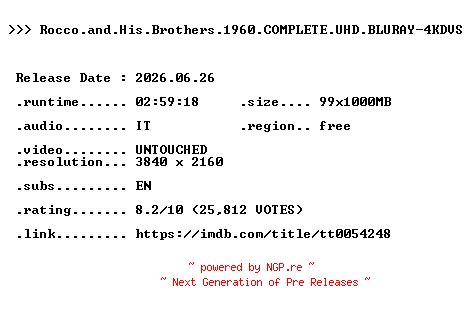 NFO for the release Rocco.and.His.Brothers.1960.COMPLETE.UHD.BLURAY-4KDVS by 4KDVS