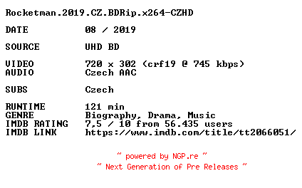 NFO for the release Rocketman.2019.CZ.BDRip.x264-CZHD by CZHD