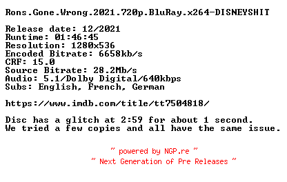 NFO for the release Rons.Gone.Wrong.2021.720p.BluRay.x264-DISNEYSHIT by DISNEYSHIT