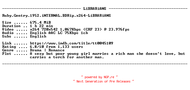 NFO for the release Ruby.Gentry.1952.iNTERNAL.BDRip.x264-LiBRARiANS by LiBRARiANS