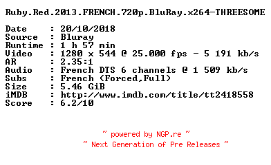 NFO for the release Ruby.Red.2013.FRENCH.720p.BluRay.x264-THREESOME by THREESOME