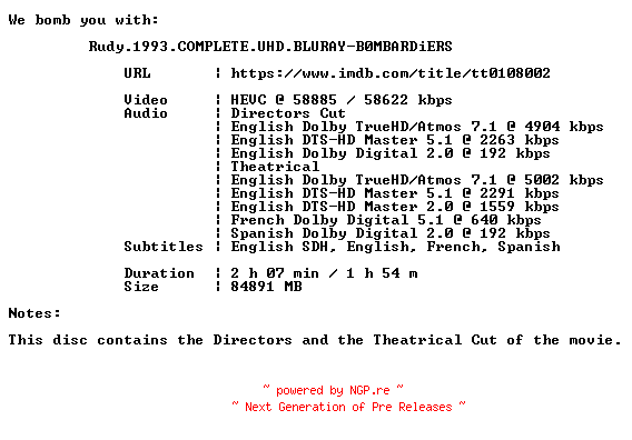 NFO for the release Rudy.1993.COMPLETE.UHD.BLURAY-B0MBARDiERS by B0MBARDiERS