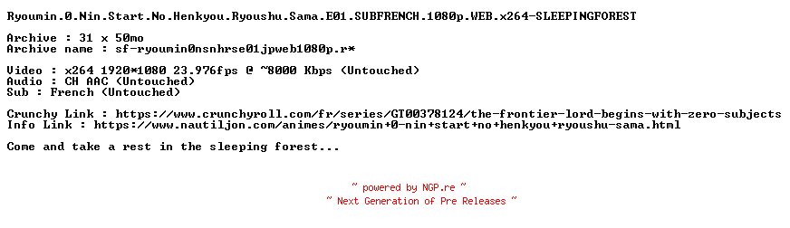 NFO for the release Ryoumin.0.Nin.Start.No.Henkyou.Ryoushu.Sama.E01.SUBFRENCH.1080p.WEB.x264-SLEEPINGFOREST by SLEEPINGFOREST
