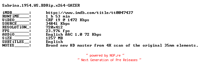 NFO for the release Sabrina.1954.WS.BDRip.x264-GAZER by GAZER