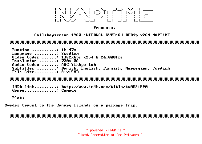 NFO for the release Sallskapsresan.1980.iNTERNAL.SWEDiSH.BDRip.x264-NAPTiME by NAPTiME