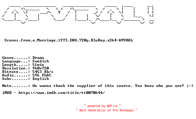 NFO for the release Scenes.from.a.Marriage.1973.E04.720p.BluRay.x264-APVRAL by APVRAL
