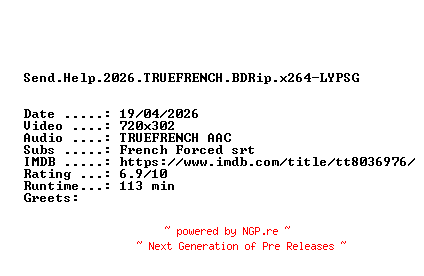 NFO for the release Send.Help.2026.TRUEFRENCH.BDRip.x264-LYPSG by LYPSG