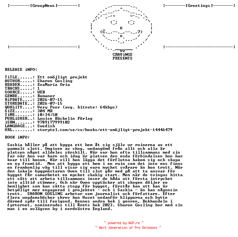 NFO for the release Sharon_Gosling_-_Ett_Omoejligt_Projekt-AUDiOBOOK-WEB-SE-2026-CRAViNGS_iNT by CRAViNGS_iNT