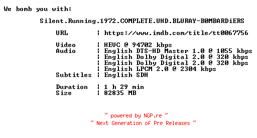 NFO for the release Silent.Running.1972.COMPLETE.UHD.BLURAY-B0MBARDiERS by B0MBARDiERS