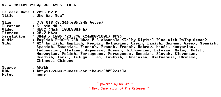 NFO for the release Silo.S03E01.2160p.WEB.h265-ETHEL by ETHEL