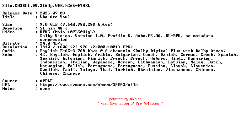 NFO for the release Silo.S03E01.DV.2160p.WEB.h265-ETHEL by ETHEL