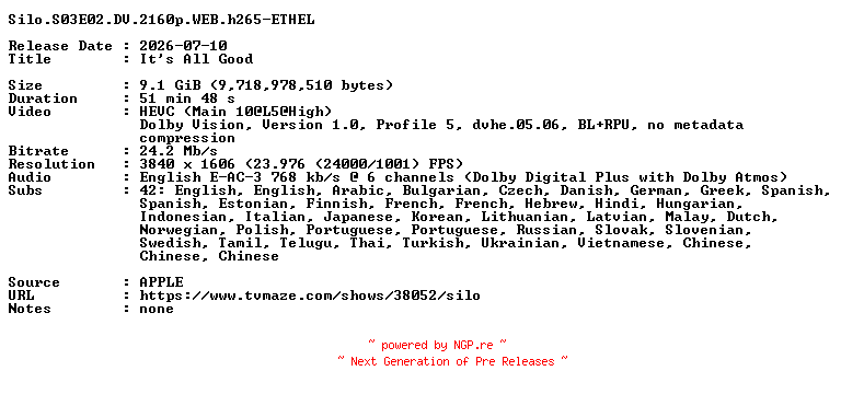 NFO for the release Silo.S03E02.DV.2160p.WEB.h265-ETHEL by ETHEL