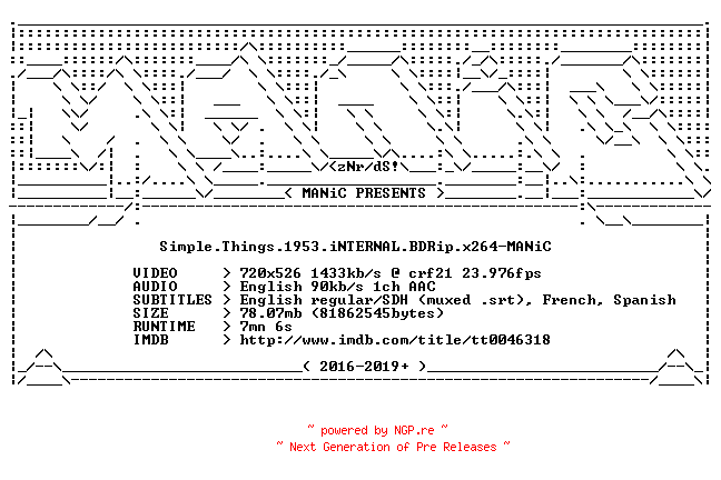 NFO for the release Simple.Things.1953.iNTERNAL.BDRip.x264-MANiC by MANiC