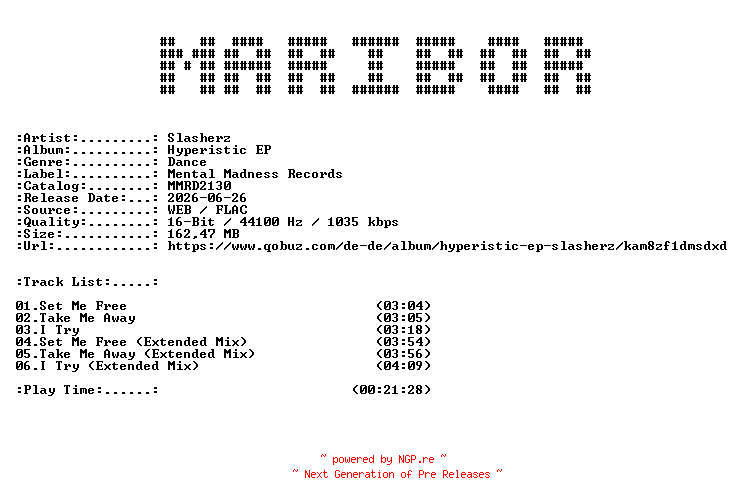 NFO for the release Slasherz-Hyperistic_EP-(MMRD2130)-16BIT-WEB-FLAC-2026-MARiBOR by MARiBOR