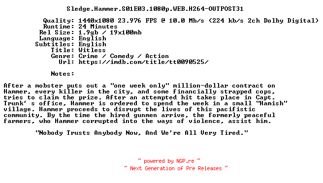 NFO for the release Sledge.Hammer.S01E03.1080p.WEB.H264-OUTPOST31 by OUTPOST31
