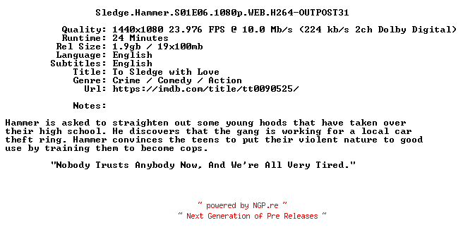 NFO for the release Sledge.Hammer.S01E06.1080p.WEB.H264-OUTPOST31 by OUTPOST31