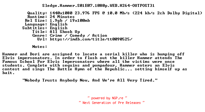 NFO for the release Sledge.Hammer.S01E07.1080p.WEB.H264-OUTPOST31 by OUTPOST31