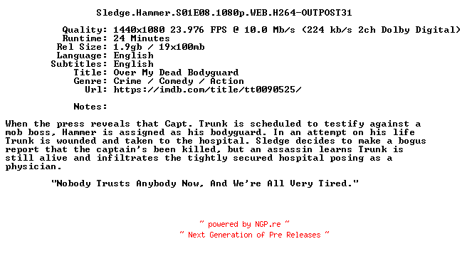 NFO for the release Sledge.Hammer.S01E08.1080p.WEB.H264-OUTPOST31 by OUTPOST31