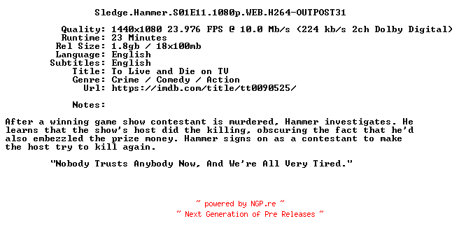 NFO for the release Sledge.Hammer.S01E11.1080p.WEB.H264-OUTPOST31 by OUTPOST31