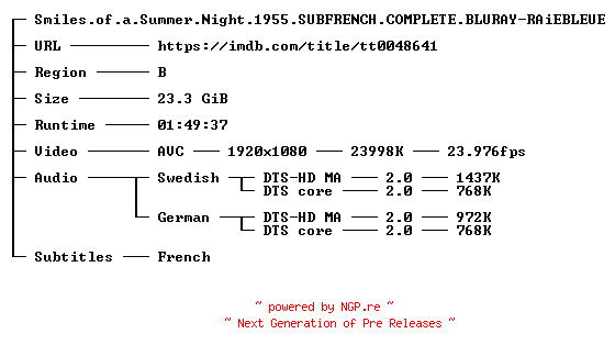NFO for the release Smiles.of.a.Summer.Night.1955.SUBFRENCH.COMPLETE.BLURAY-RAiEBLEUE by RAiEBLEUE